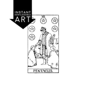 DIGITAL PRINT Six of Pentacles Tarot Card instant download Rider-Waite black and white Minor Arcana printable rider waite VI image 1