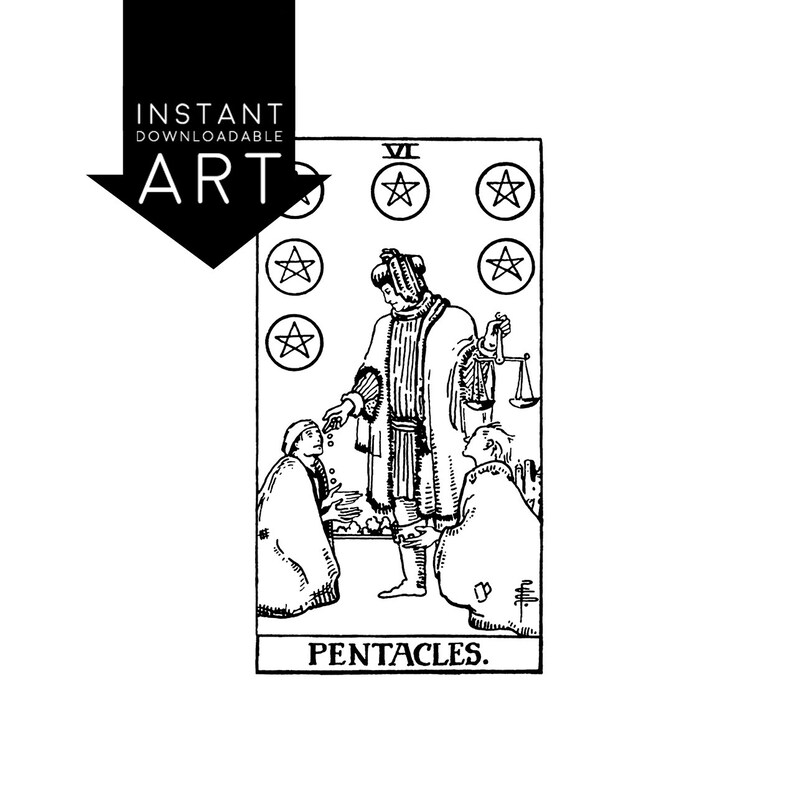 DIGITAL PRINT Six of Pentacles Tarot Card instant download Rider-Waite black and white Minor Arcana printable rider waite VI image 1