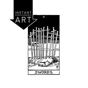 DIGITAL PRINT Ten of Swords Tarot Card instant download Rider-Waite black and white Minor Arcana rider waite X