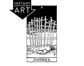DIGITAL PRINT Ten of Swords Tarot Card instant download Rider-Waite black and white Minor Arcana rider waite X