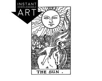 DIGITAL Tarot PRINT The Sun Tarot Card instant download Rider-Waite black and white rider waite