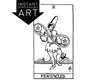 DIGITAL PRINT Two of Pentacles Tarot Card instant download Rider-Waite black and white Minor Arcana printable rider waite II