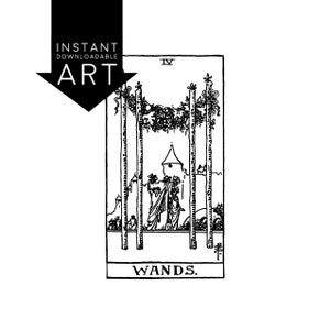 Carte de tarot quatre baguettes en impression NUMÉRIQUE Rider-Waite noir et blanc imprimable cavalier waite des arcanes mineurs