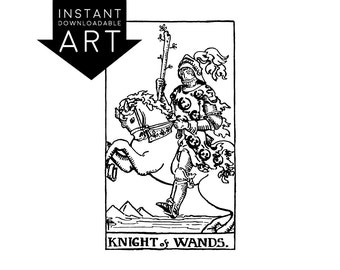 DIGITAL PRINT Knight of Wands Tarot Card instant download Rider-Waite black and white Minor Arcana printable rider waite