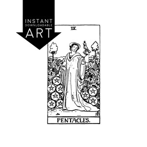 DIGITAL PRINT Nine of Pentacles Tarot Card instant download Rider-Waite black and white Minor Arcana printable rider waite IX