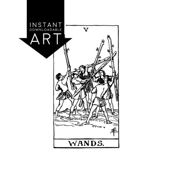 DIGITAL PRINT Five of Wands Tarot Card instant download Rider-Waite black and white Minor Arcana printable rider waite