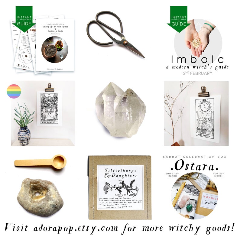 May include: A collection of witchy goods, including a crystal, tarot cards, a guide to Imbolc, a wooden spoon, a stone, a box of yarrow, and a box for the Ostara celebration.