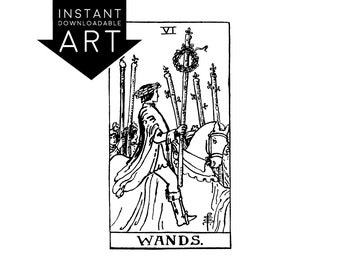 DIGITAL PRINT Six of Wands Tarot Card instant download Rider-Waite black and white Minor Arcana printable rider waite VI