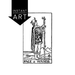 DIGITAL PRINT Page of Wands Tarot Card instant download Rider-Waite black and white Minor Arcana printable rider waite image 1