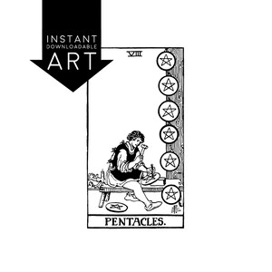 DIGITAL PRINT Eight of Pentacles Tarot Card instant download Rider-Waite black and white Minor Arcana printable rider waite VIII