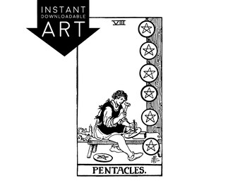 DIGITAL PRINT Eight of Pentacles Tarot Card instant download Rider-Waite black and white Minor Arcana printable rider waite VIII