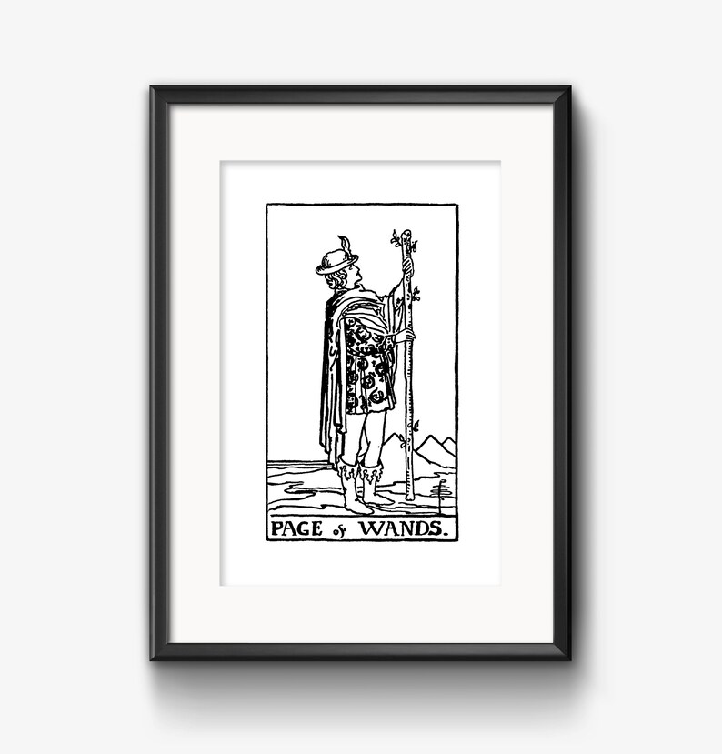 DIGITAL PRINT Page of Wands Tarot Card instant download Rider-Waite black and white Minor Arcana printable rider waite image 3