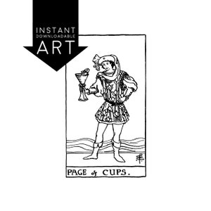 DIGITALE PRINT Pagina van Cups Tarot Card instant download Rider-Waite zwart-wit Minor Arcana rider waite