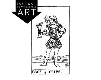 DIGITAL PRINT Page of Cups Tarot Card instant download Rider-Waite black and white Minor Arcana rider waite
