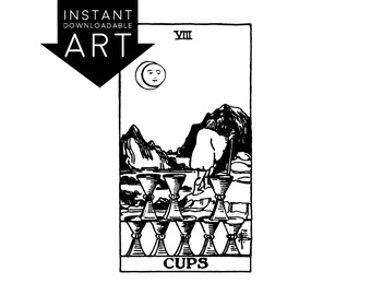 DIGITAL PRINT Eight of Cups Tarot Card instant download Rider-Waite black and white Minor Arcana rider waite