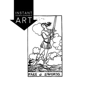 DIGITAL PRINT Page of Swords Tarot Card instant download Rider-Waite black and white Minor Arcana rider waite