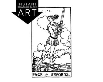 DIGITAL PRINT Page of Swords Tarot Card instant download Rider-Waite black and white Minor Arcana rider waite