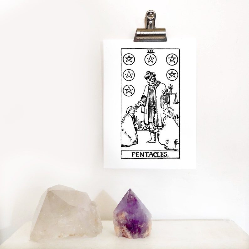 DIGITAL PRINT Six of Pentacles Tarot Card instant download Rider-Waite black and white Minor Arcana printable rider waite VI image 2