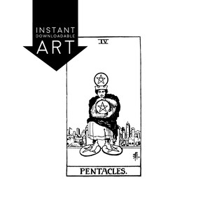 DIGITAL PRINT Four of Pentacles Tarot Card instant download Rider-Waite black and white Minor Arcana printable rider waite IV