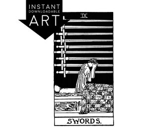 DIGITAL PRINT Nine of Swords Tarot Card instant download Rider-Waite black and white Minor Arcana rider waite IX