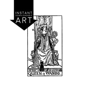 IMPRESIÓN DIGITAL Carta del Tarot Reina de Bastos descarga instantánea Rider-Waite Arcanos menores en blanco y negro imprimible rider waite