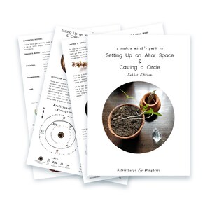 May include: A modern witch's guide to setting up an altar space and casting a circle, a book with a white background and a circle image of a potted plant and a clear crystal on a wooden surface. The book title is "a modern witch's guide to Setting Up an Altar Space & Casting a Circle. Sabbat Edition."