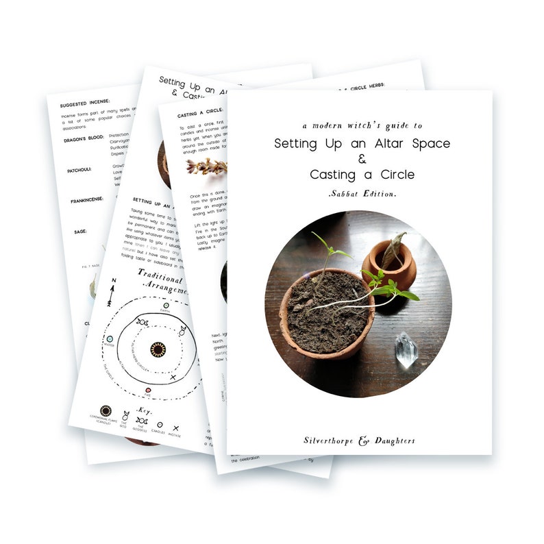 May include: A modern witch's guide to setting up an altar space and casting a circle, a book with a white background and a circle image of a potted plant and a clear crystal on a wooden surface. The book title is "a modern witch's guide to Setting Up an Altar Space & Casting a Circle. Sabbat Edition."