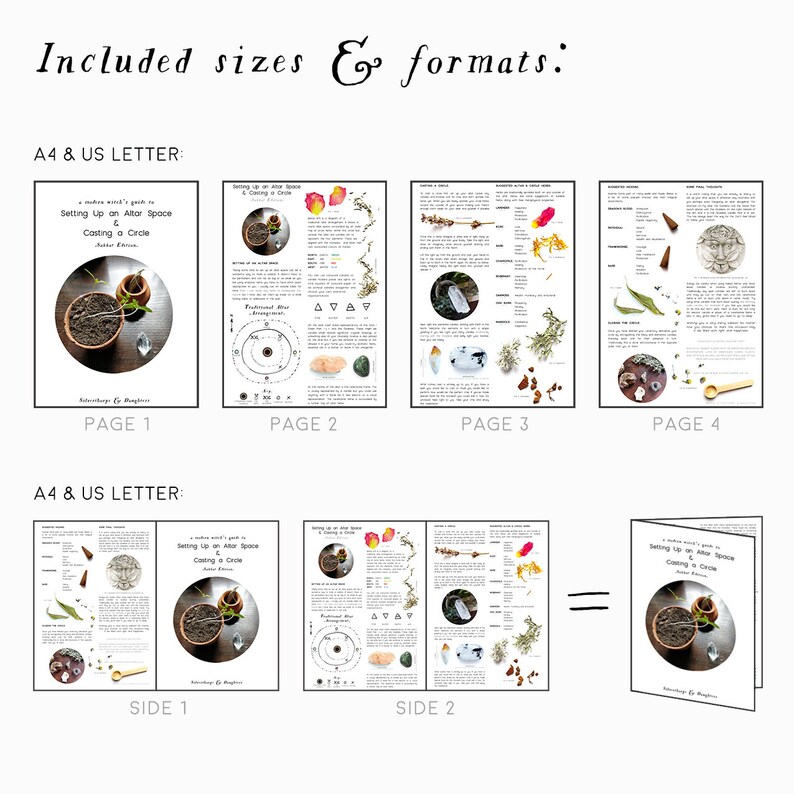 May include: A printable guide for setting up an altar space and casting a circle. The guide includes illustrations of various tools and herbs, along with instructions for creating a sacred space. The guide is available in A4 and US Letter sizes.