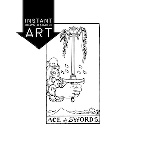 DIGITAL PRINT Ace of Swords Tarot Card instant download Rider-Waite black and white rider waite