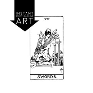 DIGITAL PRINT Seven of Swords Tarot Card instant download Rider-Waite black and white Minor Arcana rider waite VII