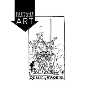 DIGITAL PRINT Queen of Swords Tarot Card instant download Rider-Waite black and white Minor Arcana rider waite