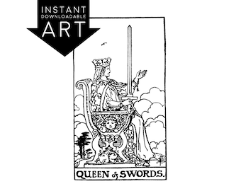 DIGITAL PRINT Queen of Swords Tarot Card instant download Rider-Waite black and white Minor Arcana rider waite