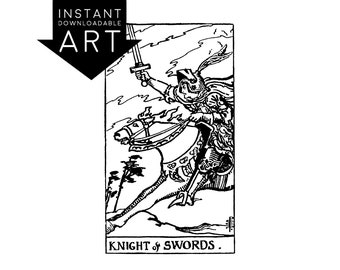 DIGITAL PRINT Knight of Swords Tarot Card instant download Rider-Waite black and white Minor Arcana rider waite
