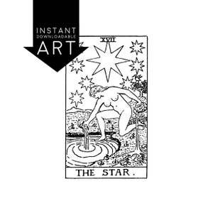 DIGITALE DOWNLOAD Star Tarot Card instant print Rider-Waite zwart-wit rider waite XVII