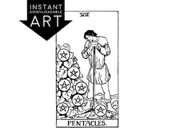DIGITAL PRINT Seven of Pentacles Tarot Card instant download Rider-Waite black and white Minor Arcana printable rider waite VII