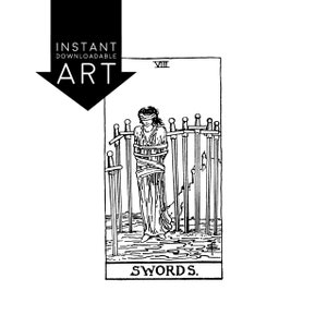 DIGITAL PRINT Eight of Swords Tarot Card instant download Rider-Waite black and white Minor Arcana rider waite VIII