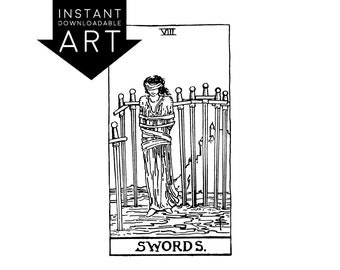 DIGITAL PRINT Eight of Swords Tarot Card instant download Rider-Waite black and white Minor Arcana rider waite VIII