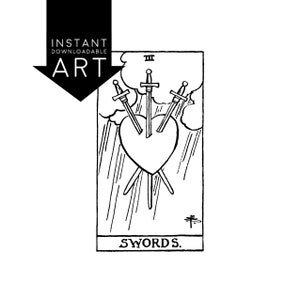 IMPRESIÓN DIGITAL Carta del Tarot Tres de Espadas descarga instantánea Rider-Waite Arcanos menores en blanco y negro rider waite III