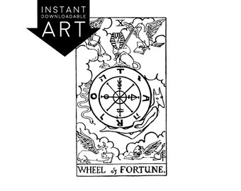DIGITAL PRINT Wheel of Fortune Tarot Card instant download Rider-Waite black and white rider waite