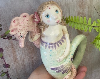 Hand built Ceramic mermaid and Seahorse Wall Art , Mermaid Sculpture, Gift for Friend, Nursery Decor, Whimsical Female Figurine