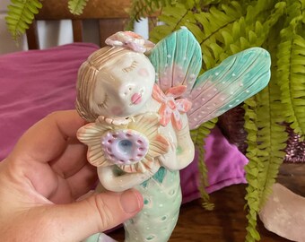 Clay Mermaid Wall Art. Hand built ceramic art. Mermaid Sculpture, Gift for Friend, Nursery Decor, Whimsical Female Figurine