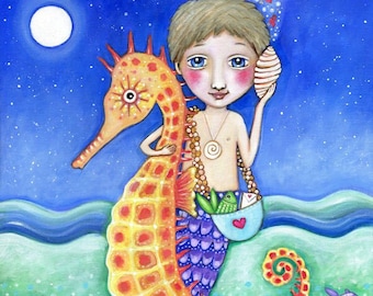 Boy Mermaid and Seahorse Art, Page of Cups Tarot Wall Art, Boys Room Wall Decor