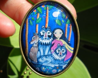 Wolf pack necklace wolf jewelry jewellery wolves necklace whimsical folk art pendant wolf pack bronze setting gift for wolf lover friend