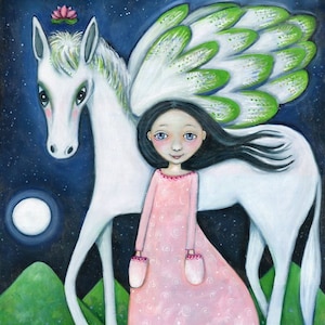 Winged Horse Wall Art Print. Pegasus Art Wall Decor. Girl Art Gift for Girls Room Flying White Horse Wall Decor Childrens Wall Art