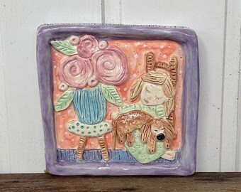 Ceramic wall plaque painting - girl and dog art - lap dog - ceramic wall relief by Lindy Longhurst