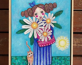 Girl and Cat Original textured floral folk art by Lindy Longhurst - “Daisy”