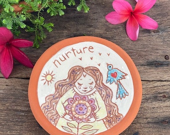 Girl and Flower ceramic trinket dish, nurture, landscape inspired ceramic art, Lindy