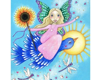 Fairy Girl and bluebird art print, Page of Wands Tarot Wall Art, Girls Room Wall Decor, Children's Art, Feminine Wall Art