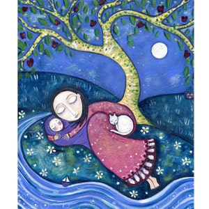 Impresión artística de pared grande de madre y bebé, pintura popular de 12 x 16, decoración de habitación para niños, imagen infantil, póster para habitación de niña, regalo para madre