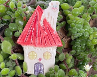 Cute House with cat ceramic Brooch, handmade clay home brooch by Lindy LONGHURST